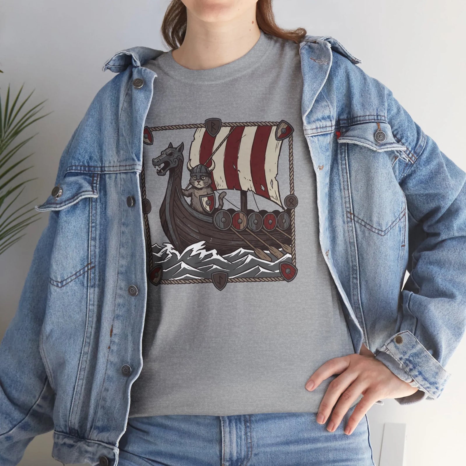 Viking Berserker Cat Longship T-Shirt - Heavyweight Cotton Classic Crewneck - Unisex White