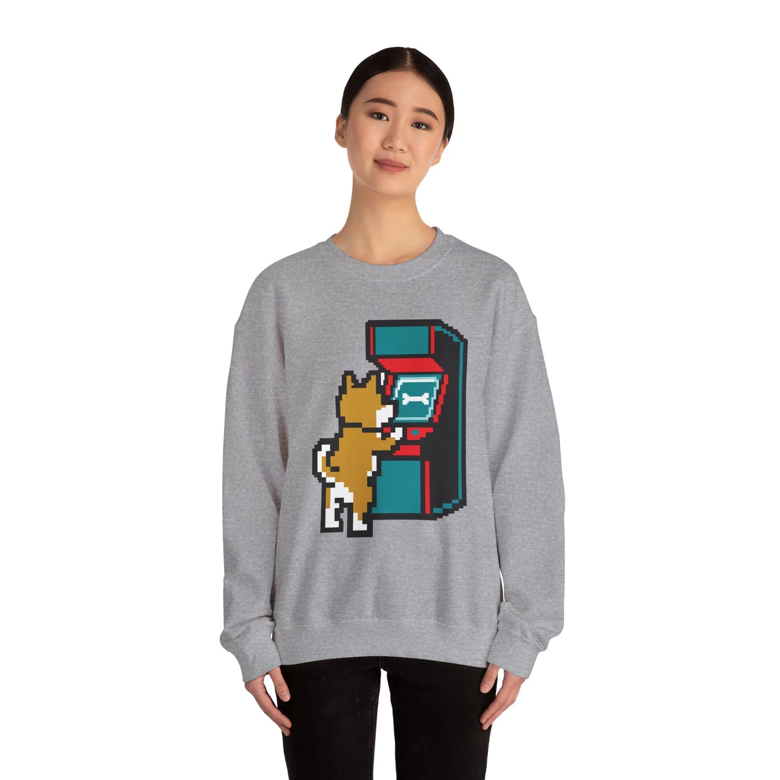 8-Bit Pixel Gaming Dog Sweatshirt - Classic Fit Fleece Crewneck - Unisex White