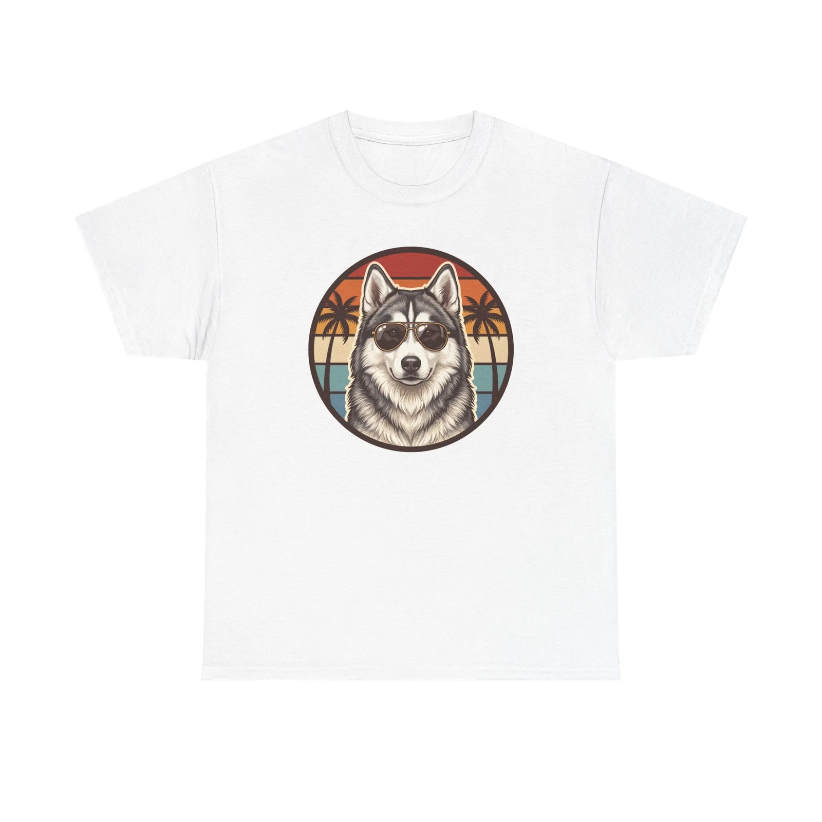Siberian Husky Aviator Sunset T-Shirt - Heavyweight Classic Fit Cotton Tee - Unisex White