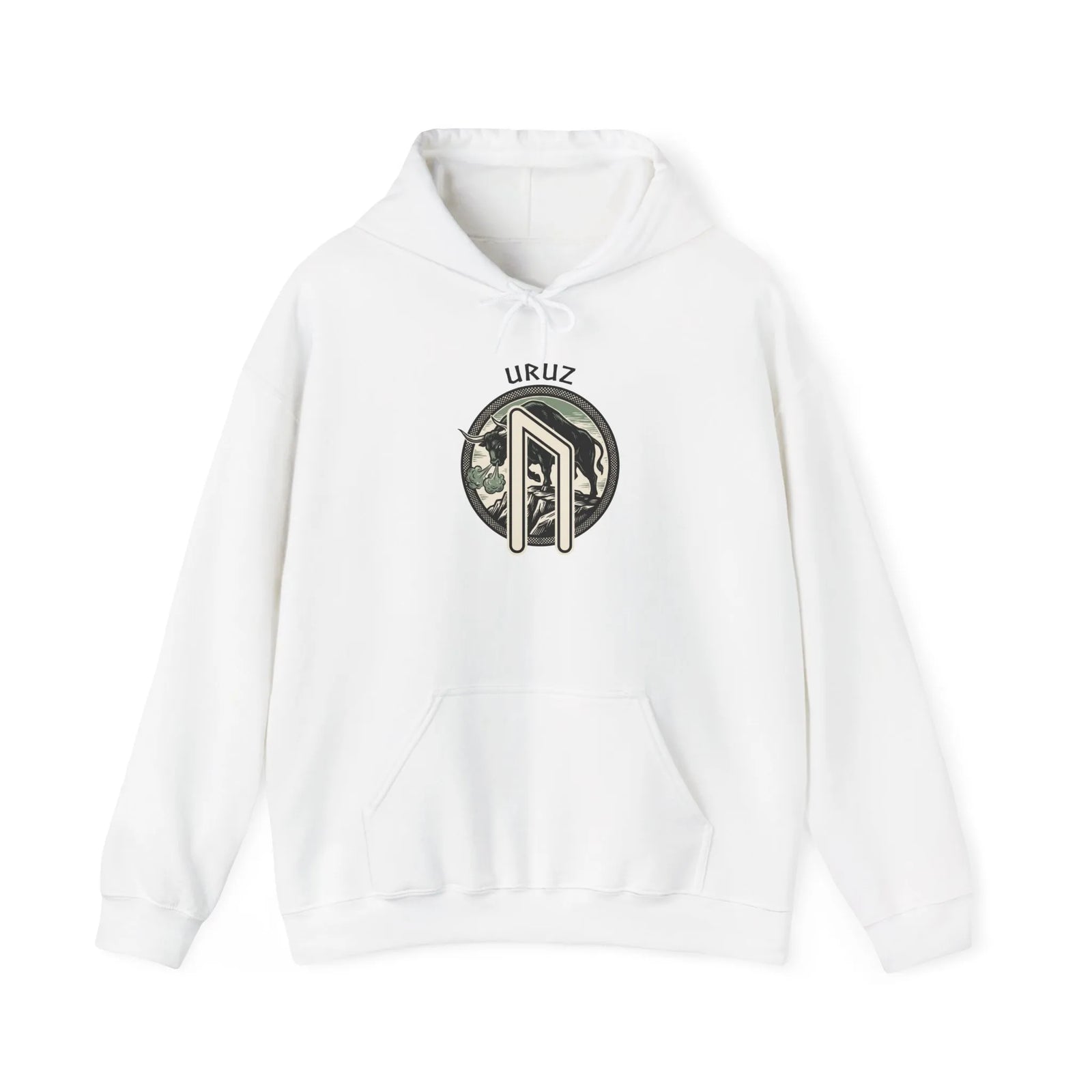 Uruz Rune Bull Norse Graphic Hoodie - Soft Cotton Blend Classic Fit Pullover - Unisex White