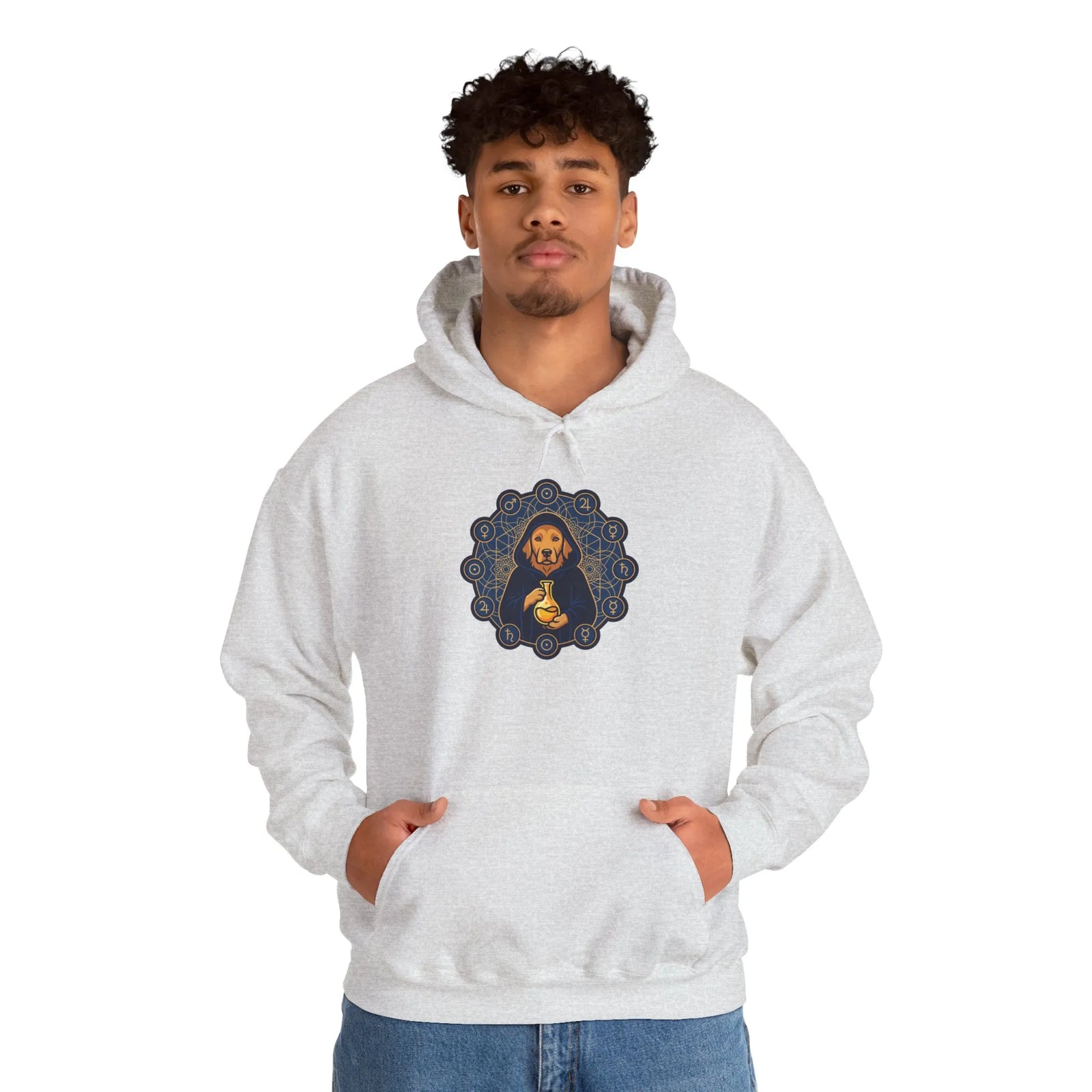 Alchemist Dog Sacred Geometry Hoodie - Midweight Cotton-Poly Pullover - Unisex White