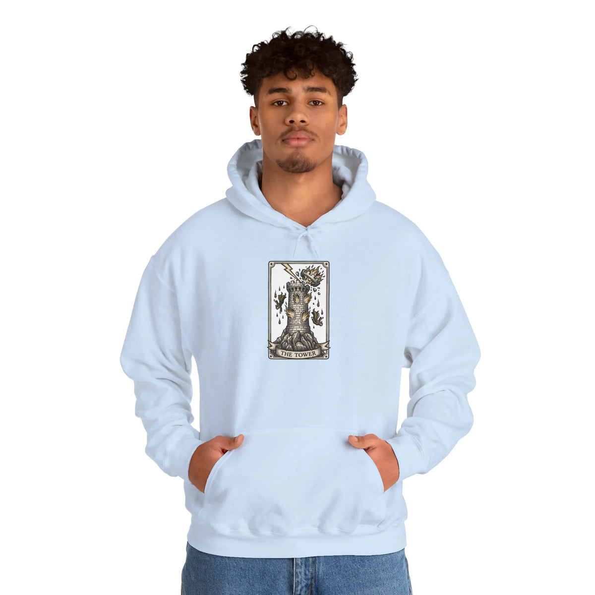 The Tower Tarot Card Hoodie - Heavy Blend Fleece Pullover - Unisex White