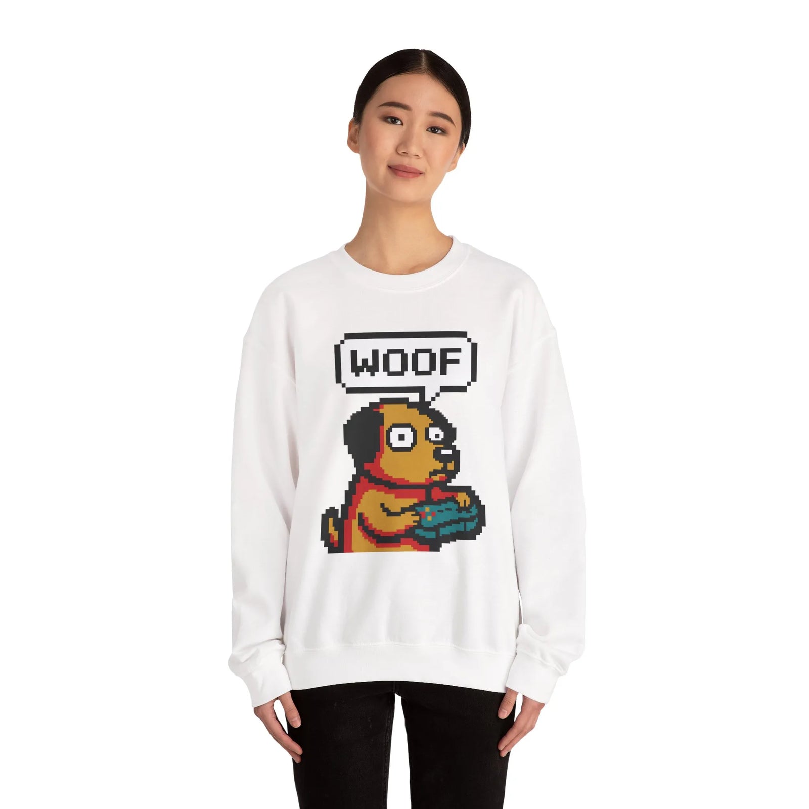 8-Bit Pixel Gaming Dogs Sweatshirt - Heavy Blend Cotton-Poly Crewneck - Unisex White