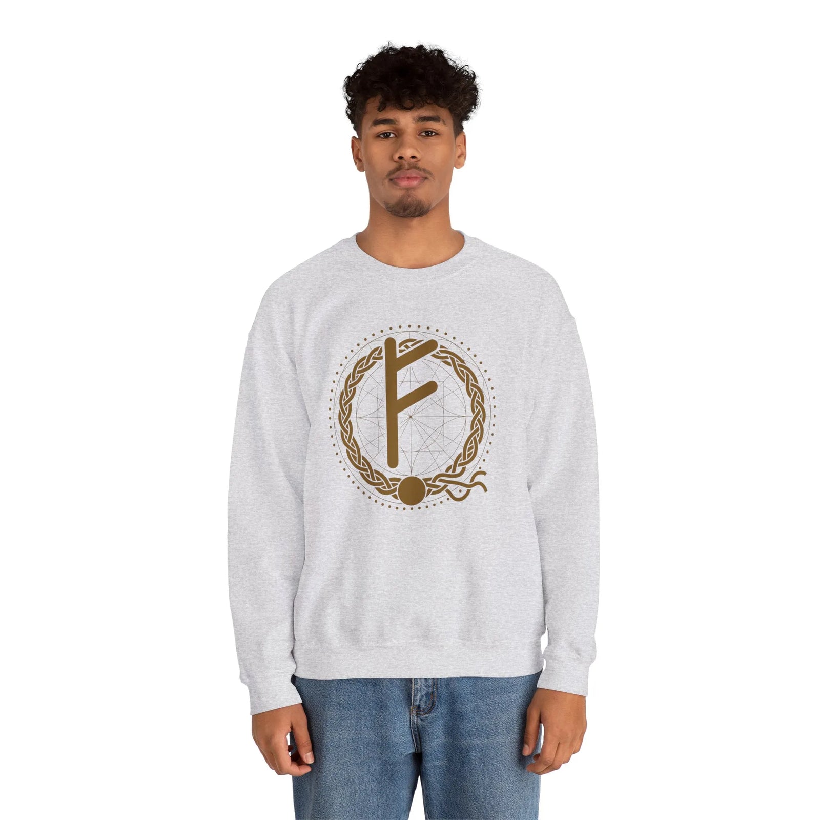 Fehu Rune Wealth Symbol Sweatshirt - Heavy Blend Fleece Crewneck - Unisex White