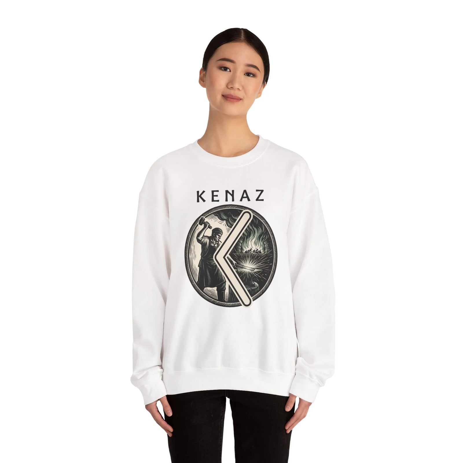 Kenaz Rune Blacksmith Forge Sweatshirt - Soft Cotton Blend Crewneck Fleece - Unisex White