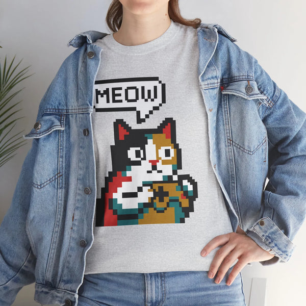 Player One 8-Bit Pixel Gaming Cats T-Shirt - Heavyweight 100% Cotton Tee - Unisex White