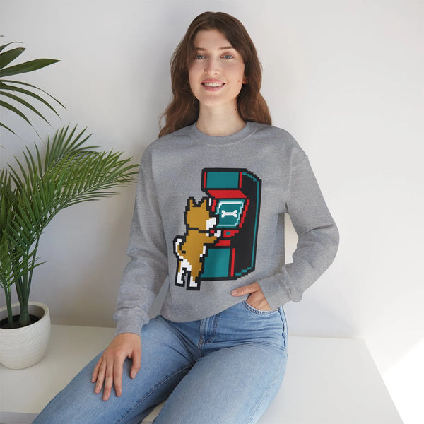 8-Bit Pixel Gaming Dog Sweatshirt - Classic Fit Fleece Crewneck - Unisex White