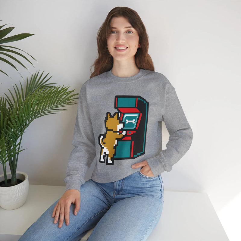 8-Bit Pixel Gaming Dog Sweatshirt - Classic Fit Fleece Crewneck - Unisex White