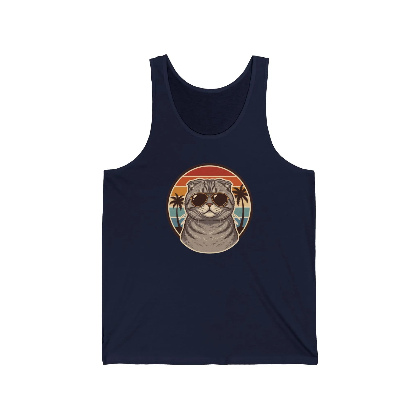 Scottish Fold Cat 70s Sunset Tank Top - Lightweight Combed Cotton Jersey - Unisex Athletic Heather