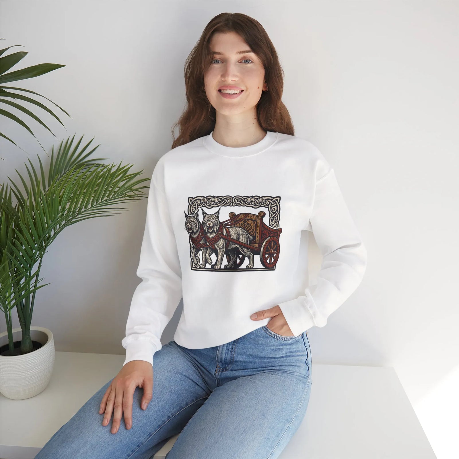 Freyja's Sacred Cats Norse Woodcut Sweatshirt - Heavy Blend Crewneck Fleece - Unisex White