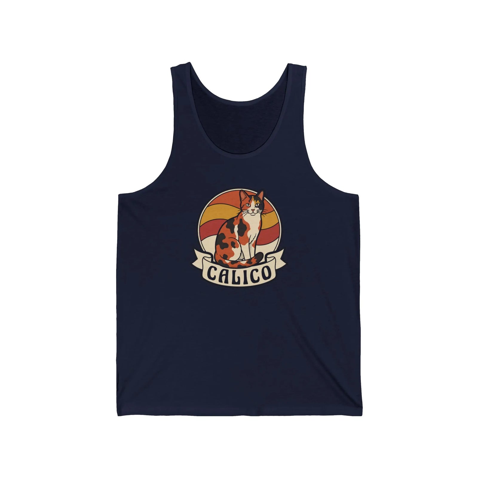 Calico Cat Retro Sunset Tank Top - Lightweight Cotton Jersey Retail Fit - Unisex White