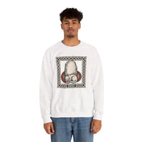 Runestone Cat Norse Woodcut Sweatshirt - Heavyweight Cotton Blend Crewneck - Unisex White