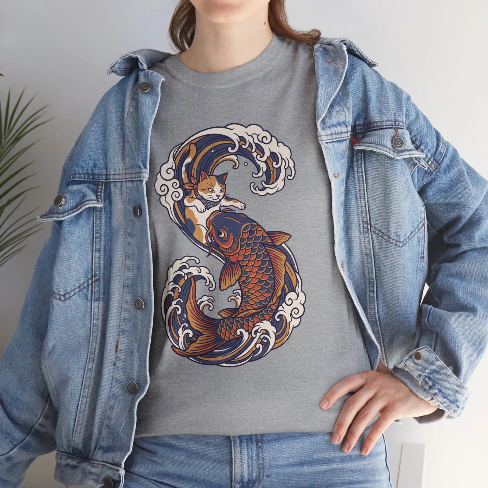 Koi Rider Ukiyo-e Samurai Cat T-Shirt - Heavy Cotton Classic Fit Tee - Unisex White