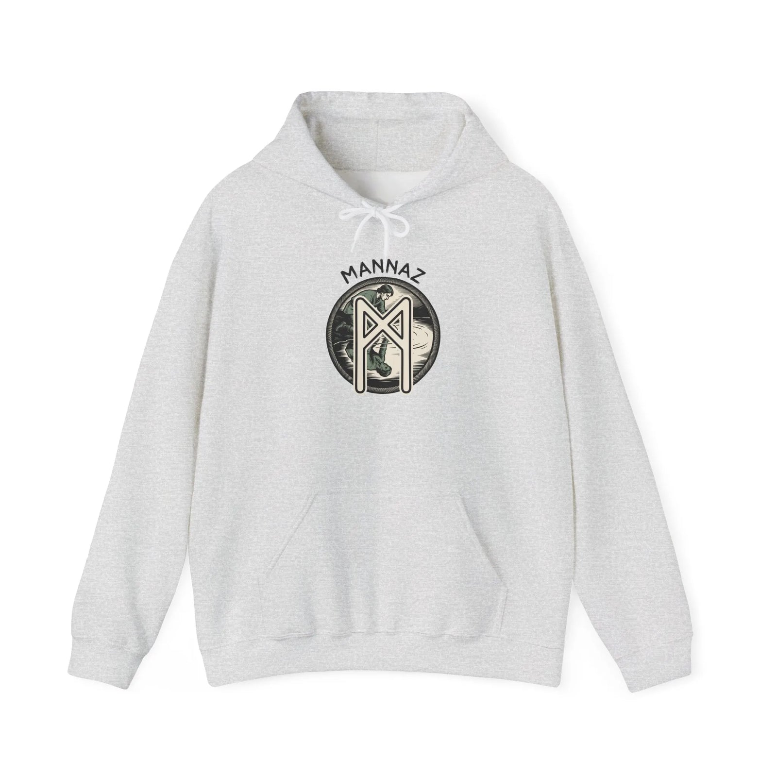 Mannaz Rune Symbol Graphic Hoodie - Heavy Blend Fleece Pullover - Unisex White