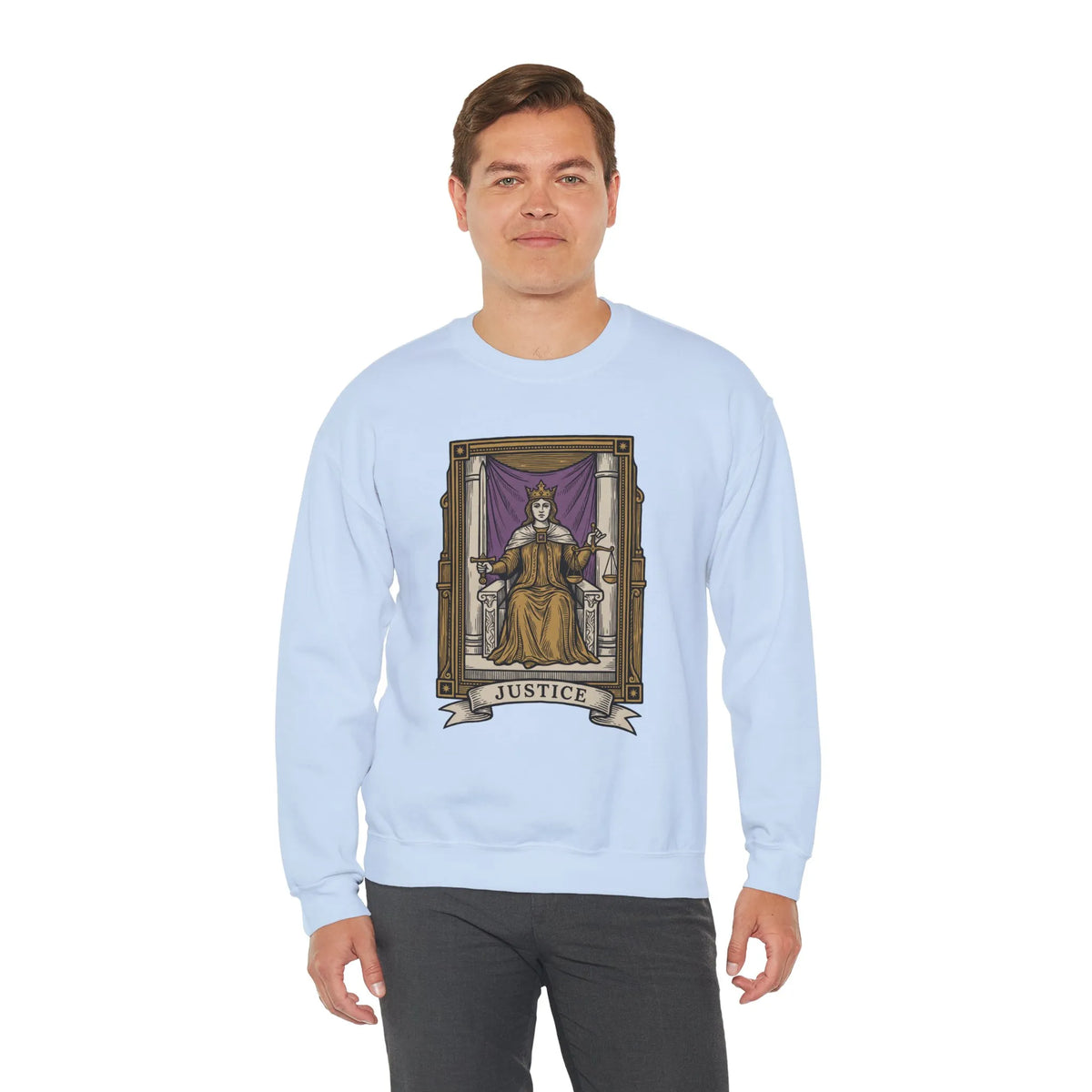 Justice Tarot Card Sweatshirt - Heavy Blend Cotton Poly Crewneck - Unisex White