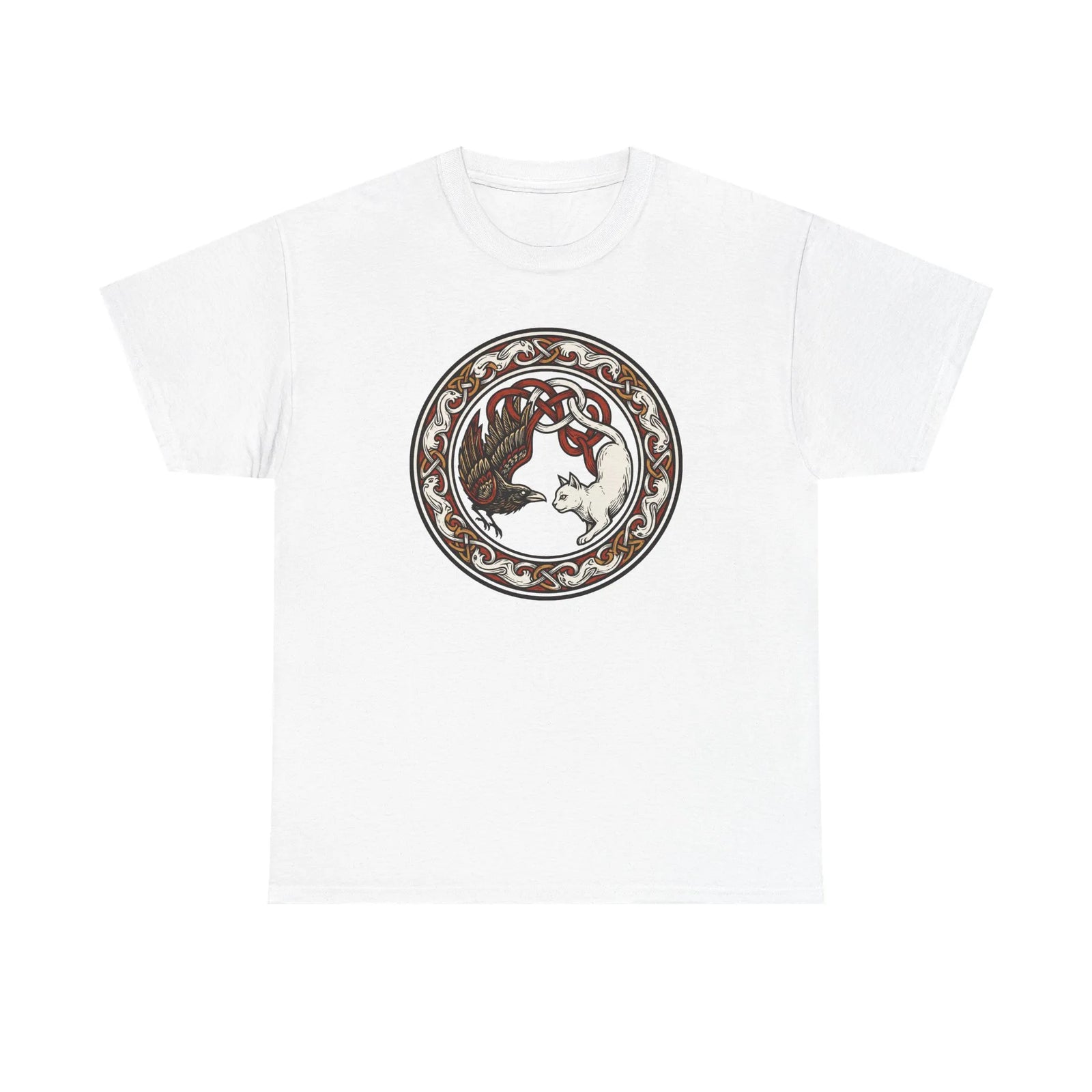 Norse Cat & Raven Woodcut T-Shirt - Heavy Cotton Classic Fit Tee - Unisex White