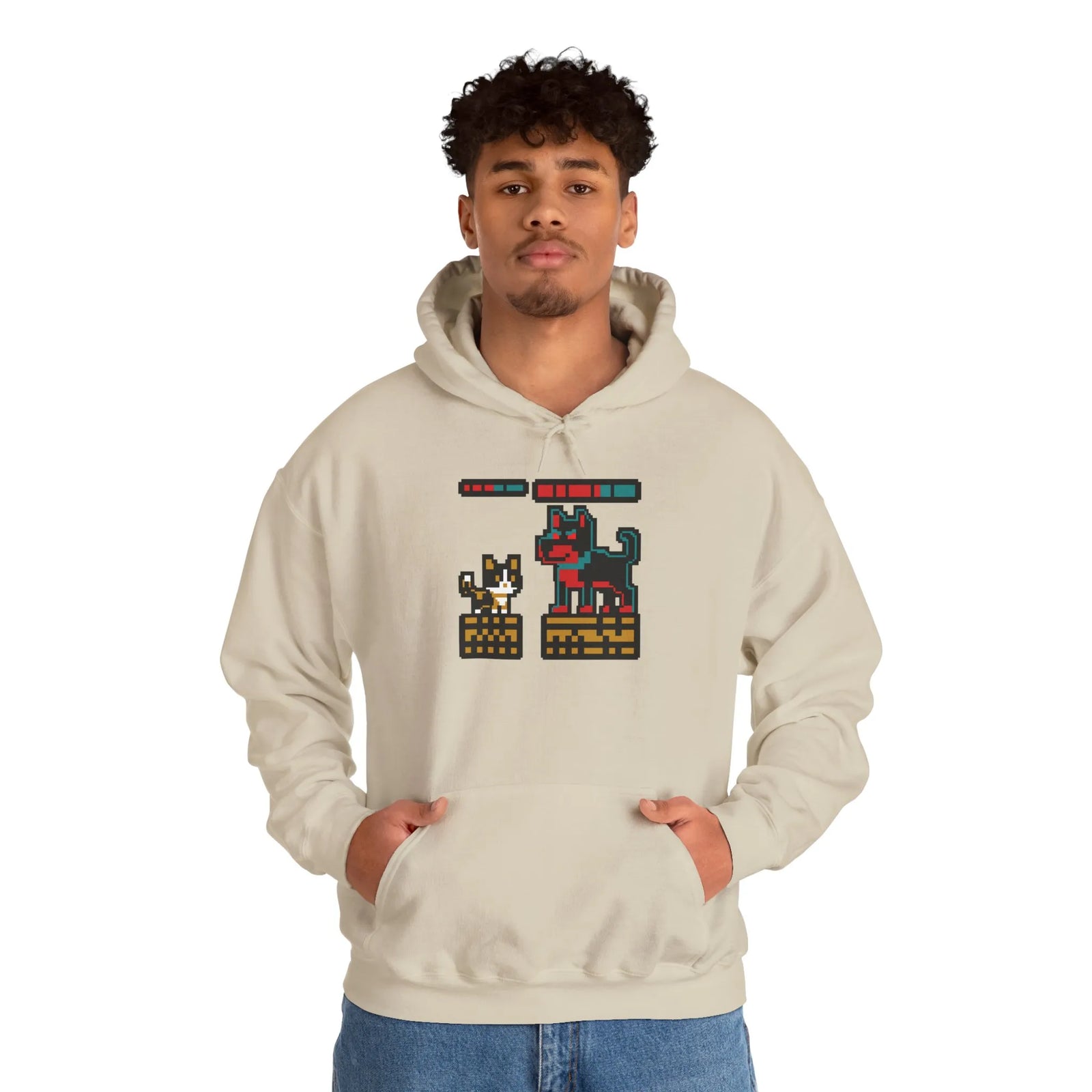 Boss Fight 8-Bit Pixel Gaming Cats Hoodie - Heavy Blend Fleece Pullover - Unisex White