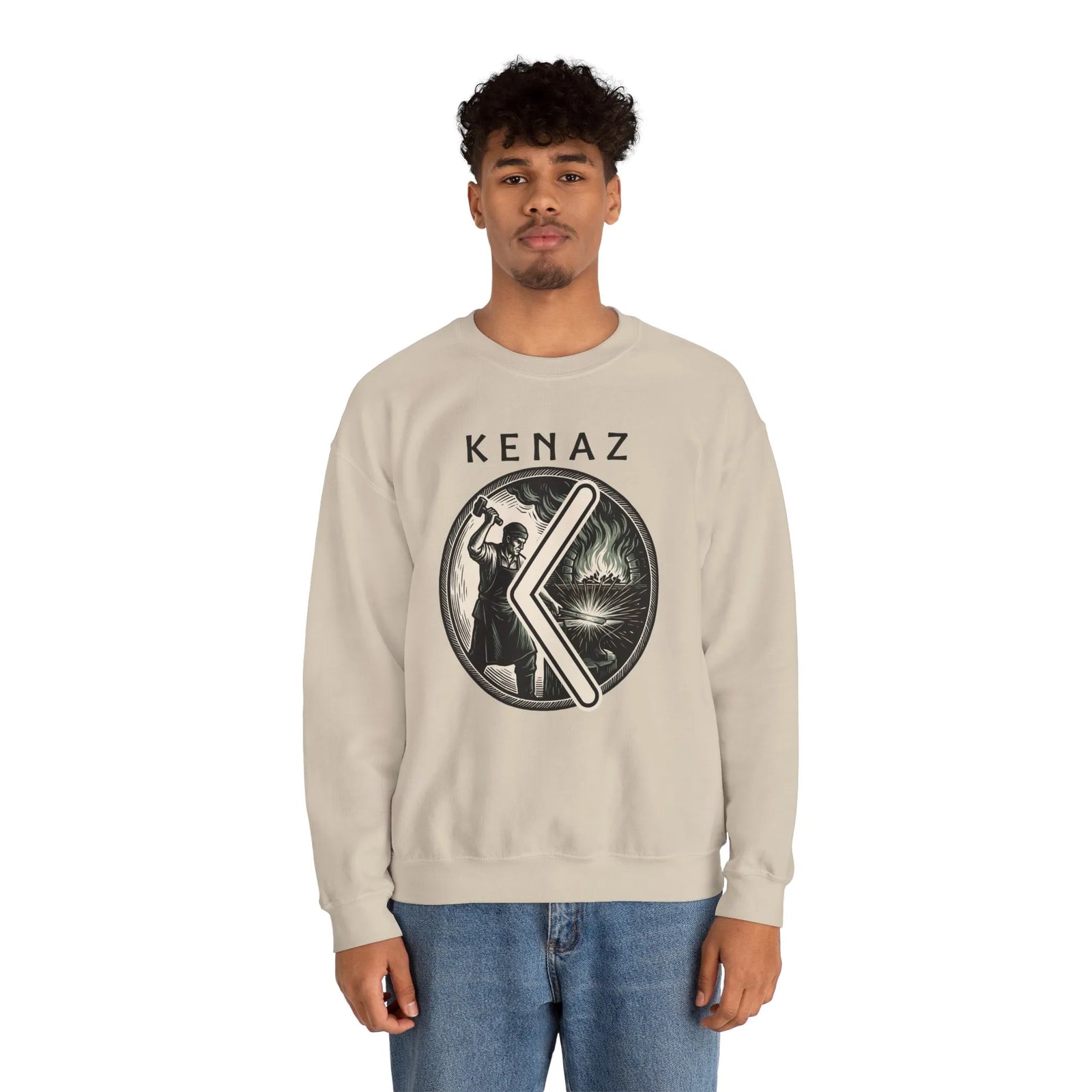 Kenaz Rune Blacksmith Forge Sweatshirt - Soft Cotton Blend Crewneck Fleece - Unisex White
