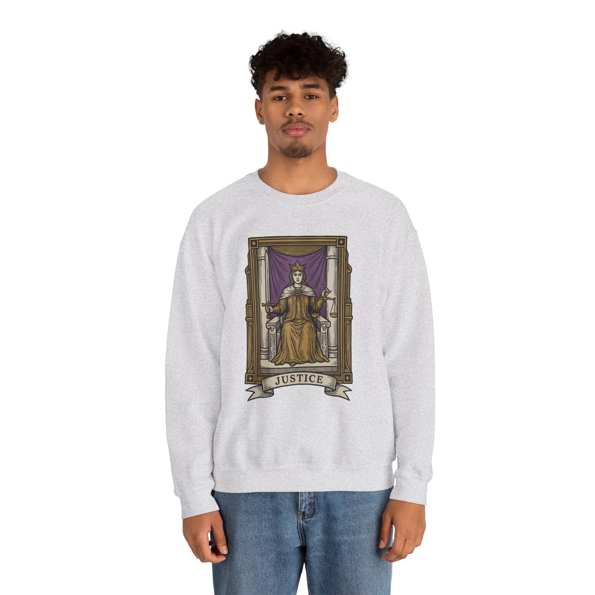 Justice Tarot Card Sweatshirt - Heavy Blend Cotton Poly Crewneck - Unisex White