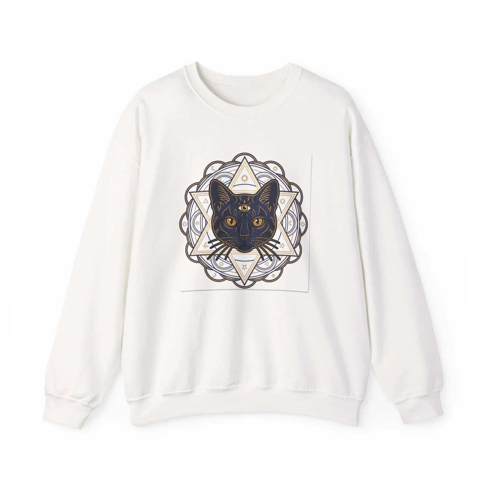 Third Eye Sacred Geometry Cat Sweatshirt - Heavy Blend Fleece Crewneck - Unisex White