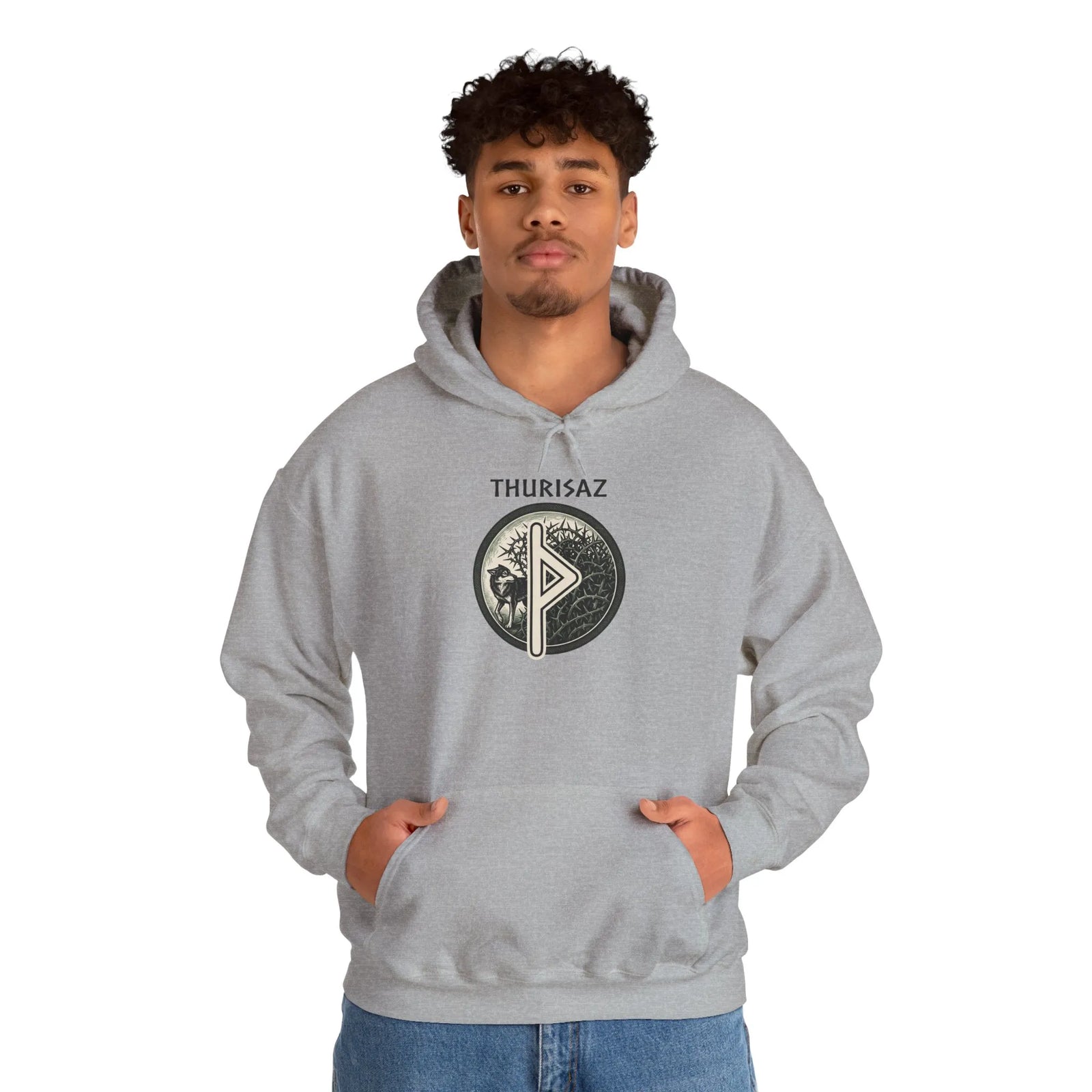 Thurisaz Rune Wolf Graphic Hoodie - Heavy Blend Fleece Pullover - Unisex White