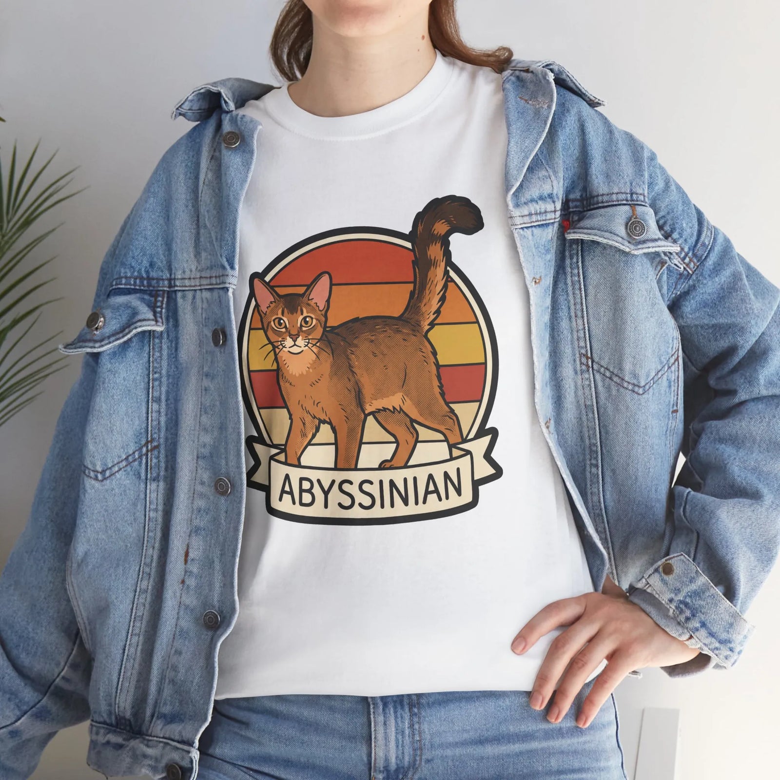 Abyssinian Retro 70s Sunset Cat T-Shirt - Heavy Cotton Classic Fit Tee - Unisex White