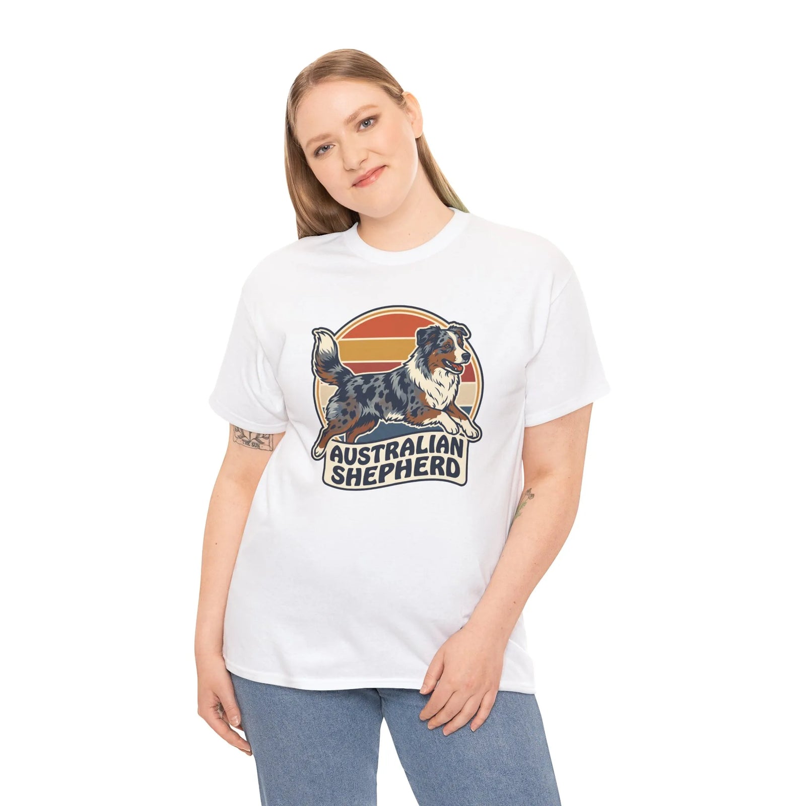 Australian Shepherd Retro 70s Sunset T-Shirt - Heavy Cotton Classic Fit Tee - Unisex White