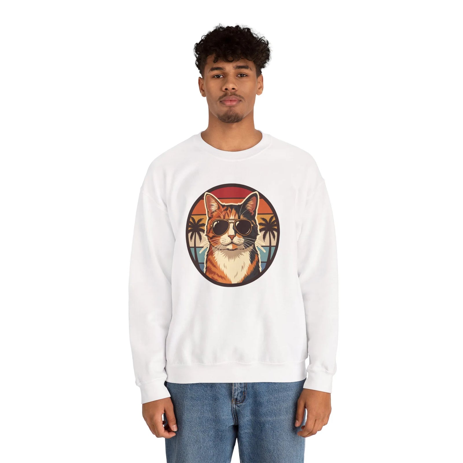 Calico Cool Cats 70s Sunset Aviators Sweatshirt - Medium Heavyweight Fleece Crewneck - Unisex White