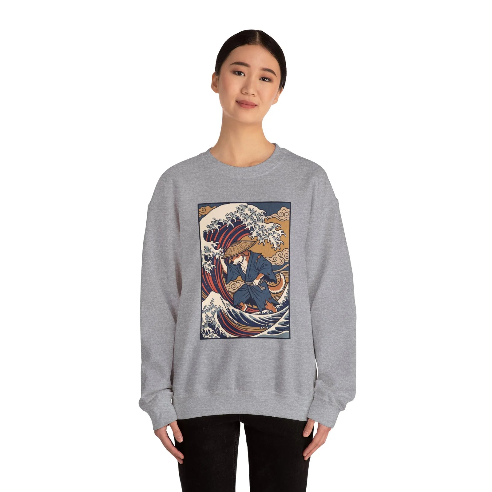 Ronin Wave Ukiyo-e Samurai Dog Sweatshirt - Heavyweight Cotton Blend Crewneck - Unisex White