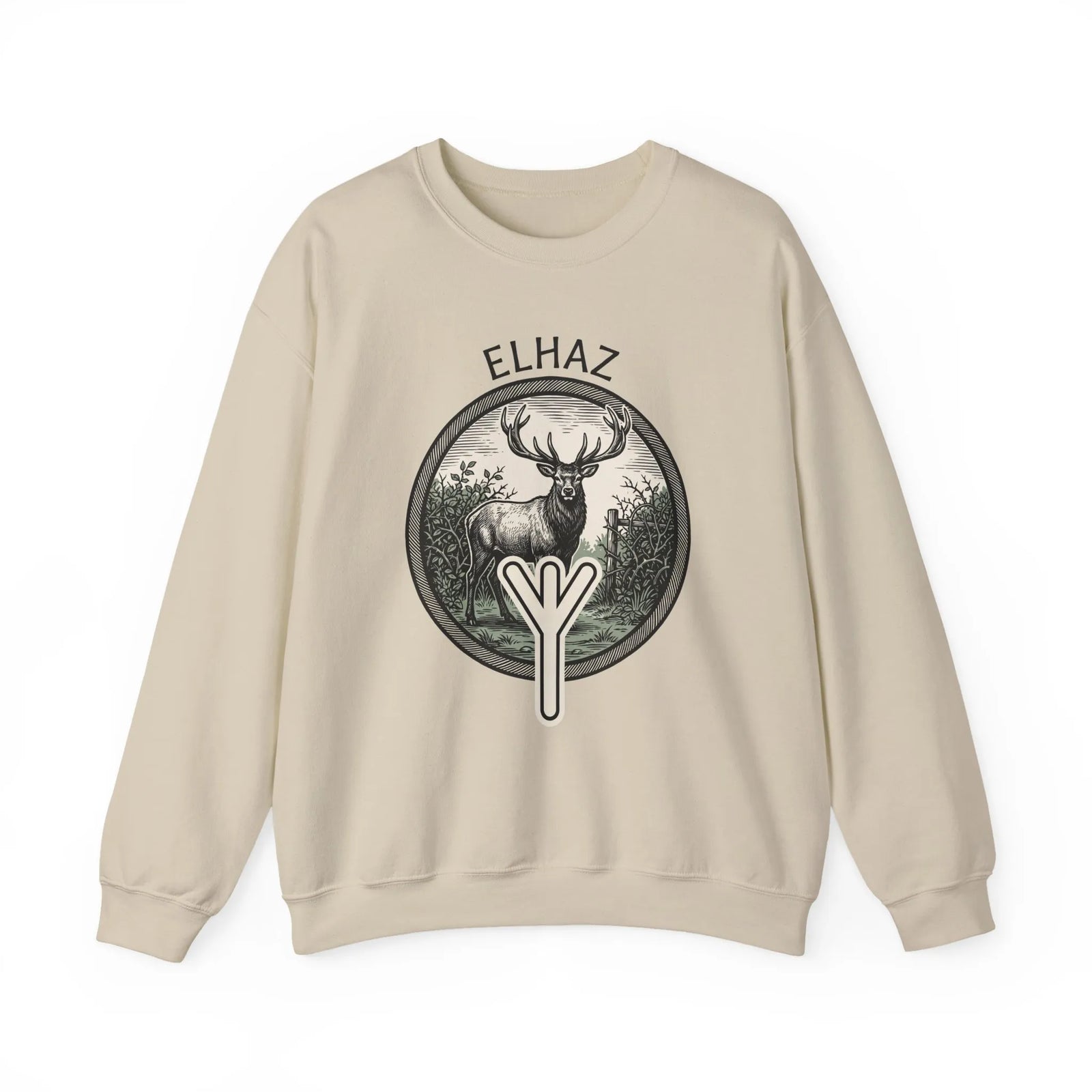 Elhaz Rune Protection Stag Sweatshirt - Medium-Heavy Cotton-Poly Crewneck - Unisex White