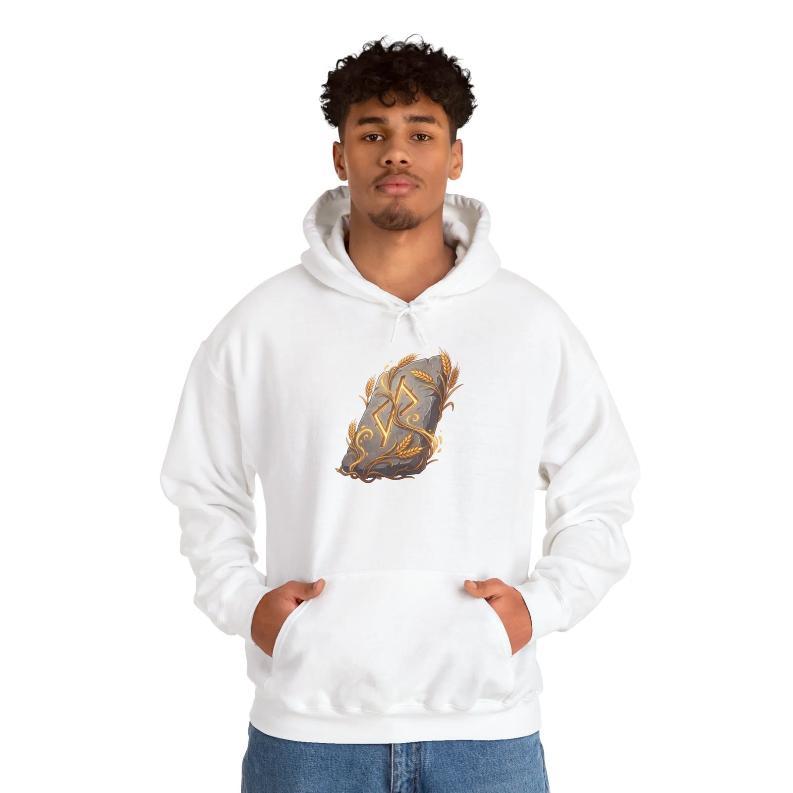 Jera Rune Harvest Wheel Hoodie - Soft Cotton Blend Pullover Hoodie - Unisex White