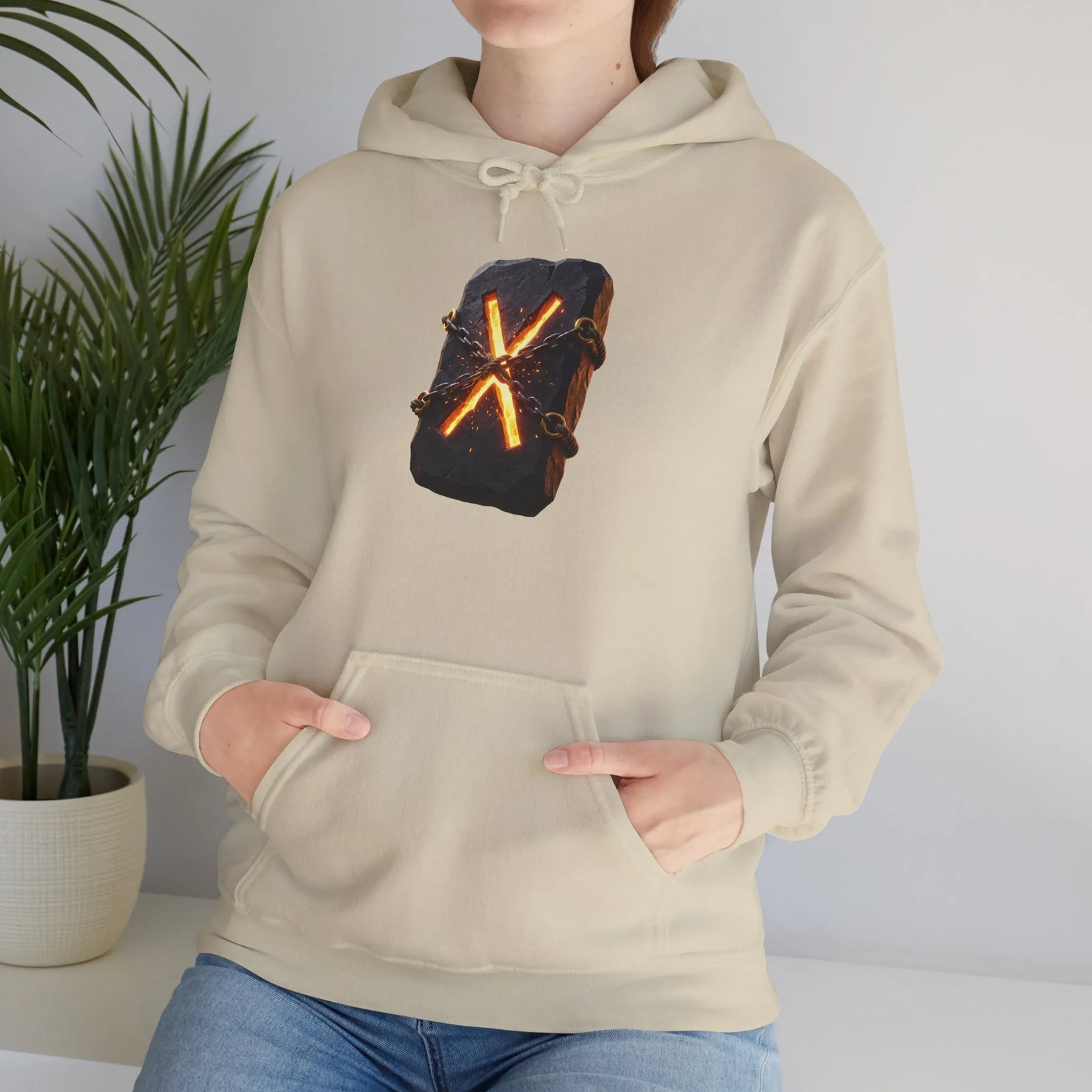 Gebo Rune Symbol Hoodie - Cozy Cotton Blend Fleece Pullover - Unisex White