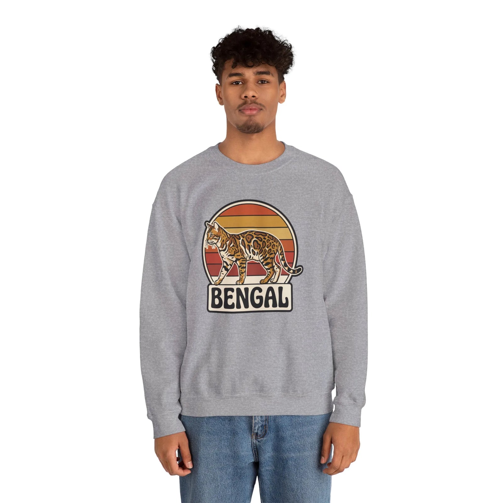 Bengal Cat Retro Sunset Sweatshirt - Classic Fit Heavy Blend Crewneck - Unisex White