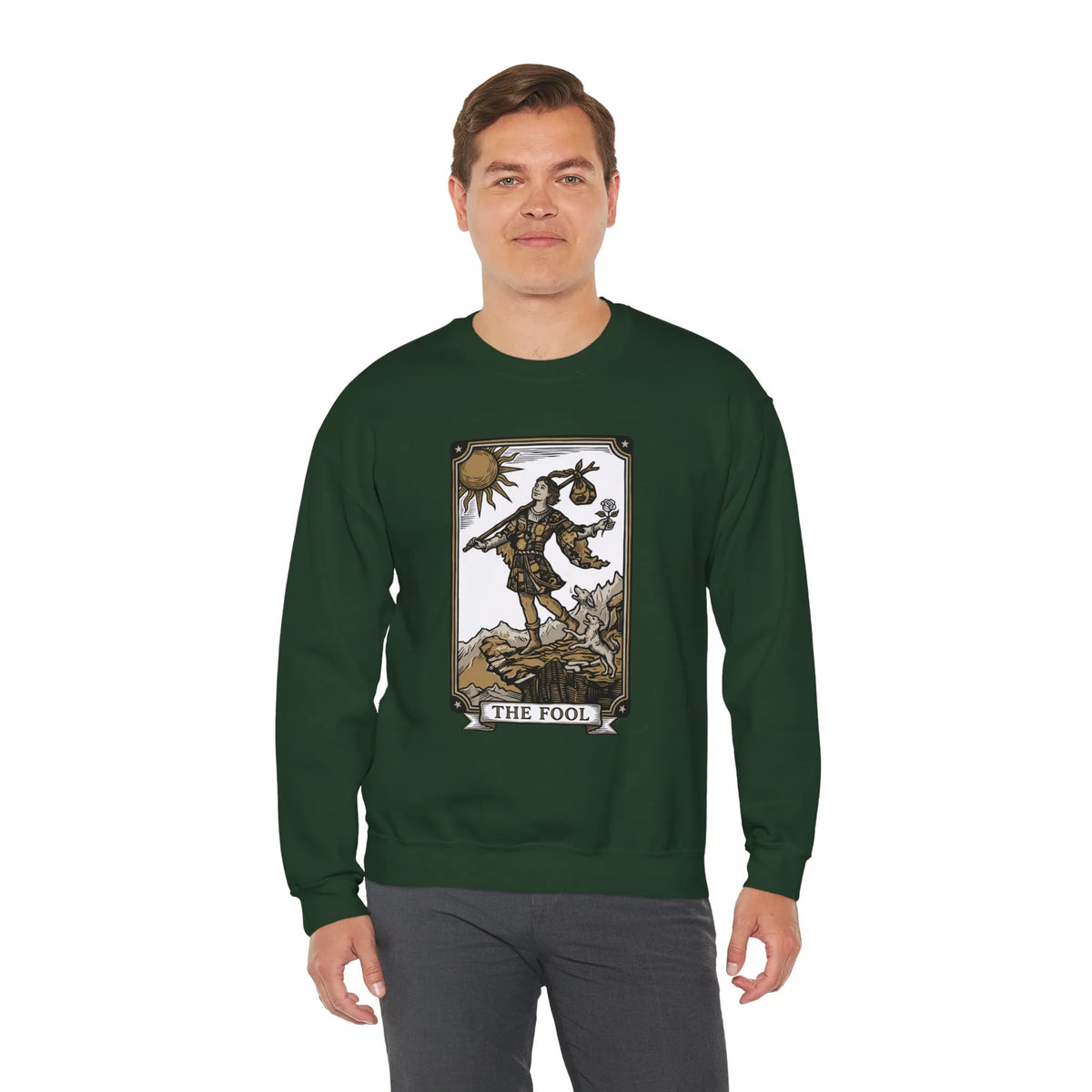 The Fool Tarot Card Graphic Sweatshirt - Heavy Blend Crewneck Fleece - Unisex White