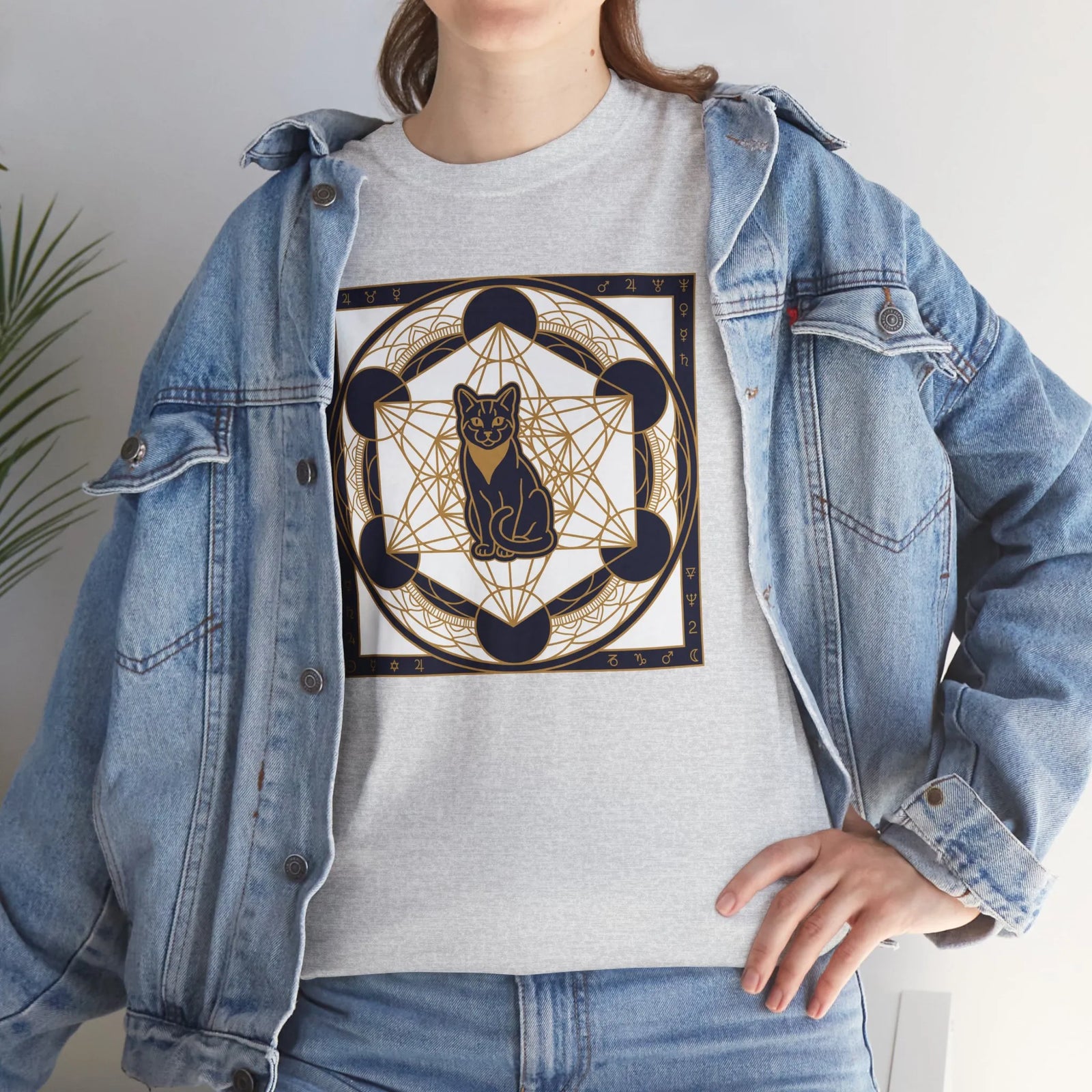 Metatron's Cat Sacred Geometry T-Shirt - Heavyweight Cotton Classic Fit Tee - Unisex White