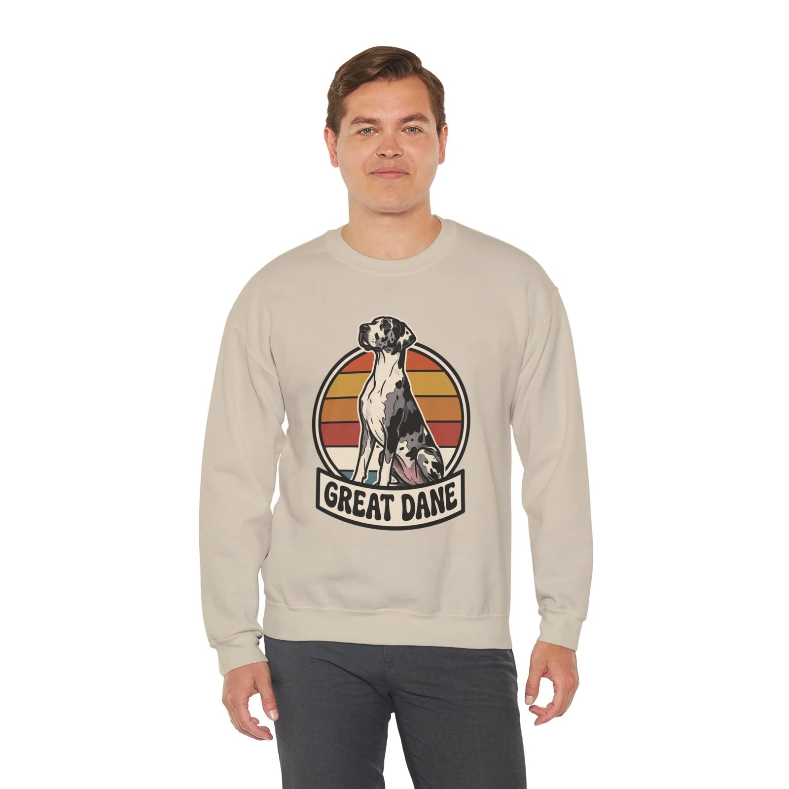 Great Dane Retro Sunset Breeds Sweatshirt - Heavy Blend Crewneck 50/50 Cotton Poly - Unisex White