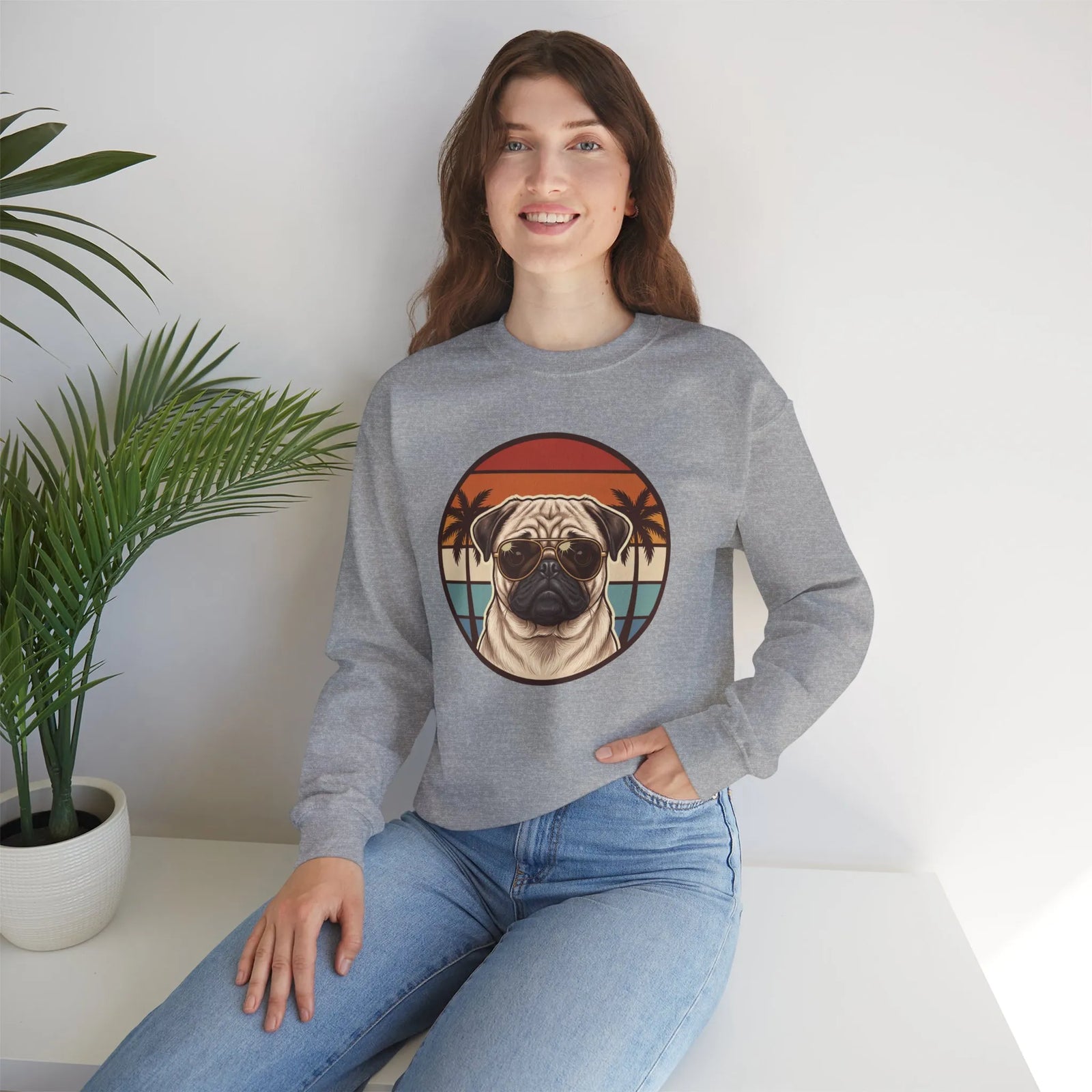 Pug Aviator Dog 70s Sunset Sweatshirt - Heavy Blend Fleece Crewneck - Unisex White