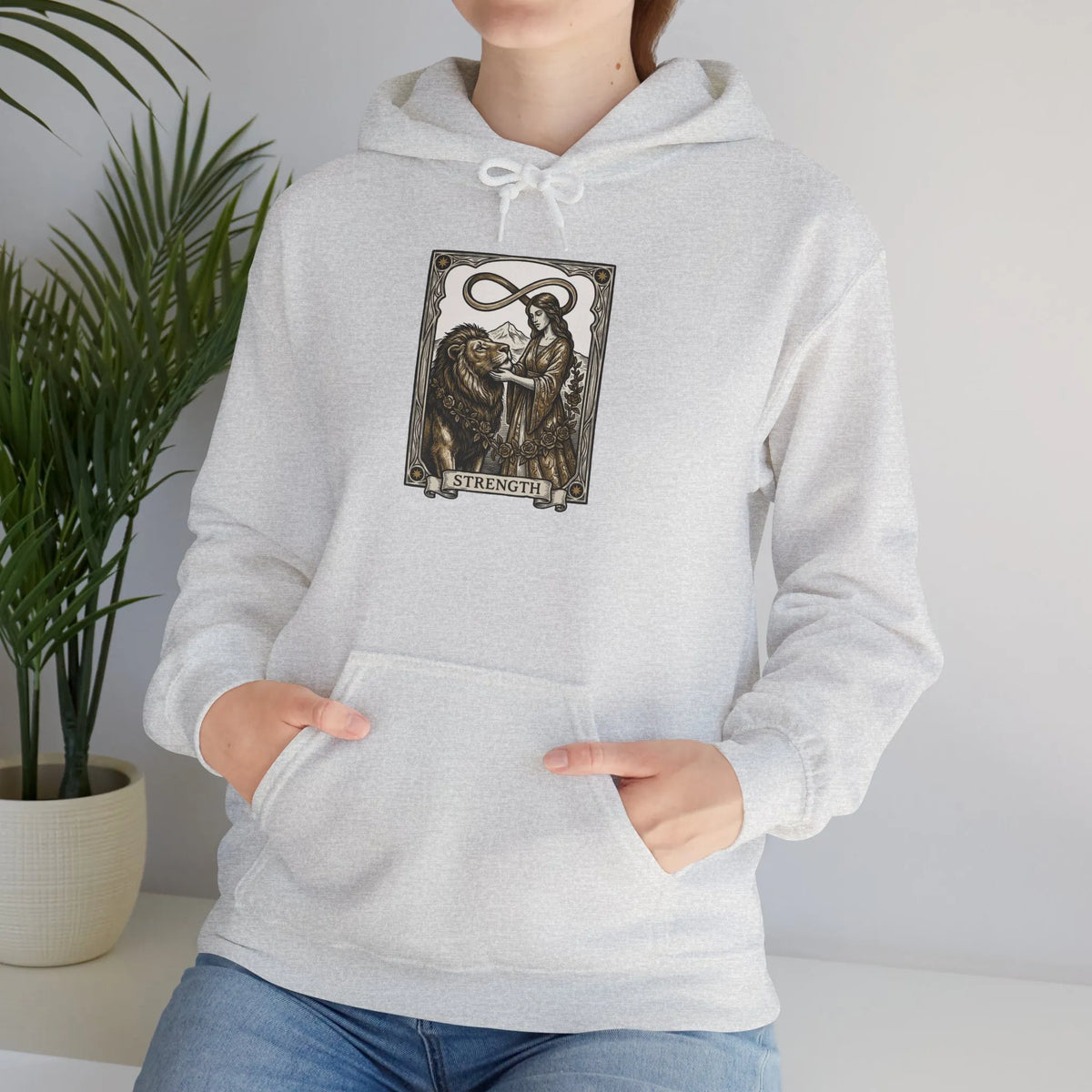 Strength Tarot Card Graphic Hoodie - Heavy Blend Fleece Pullover - Unisex White