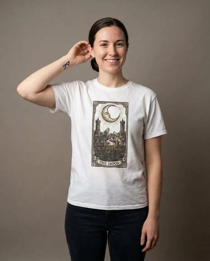 Moonlight Wolves Tarot Graphic T-Shirt - Heavy Cotton Classic Fit Crewneck - Unisex White