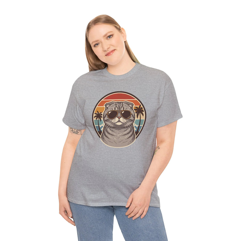 Scottish Fold Cat 70s Aviator T-Shirt - Heavy Cotton Classic Fit Crewneck - Unisex White