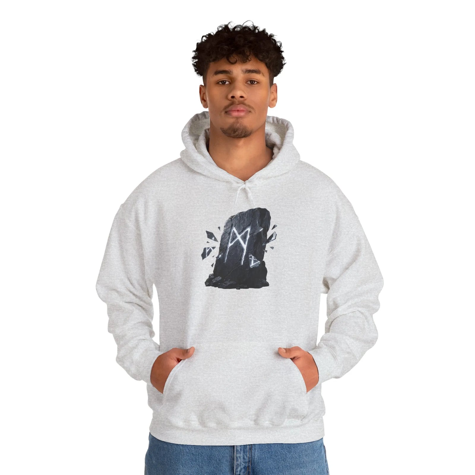 Mannaz Rune Humanity Reflection Hoodie - Heavyweight Fleece Pullover - Unisex White