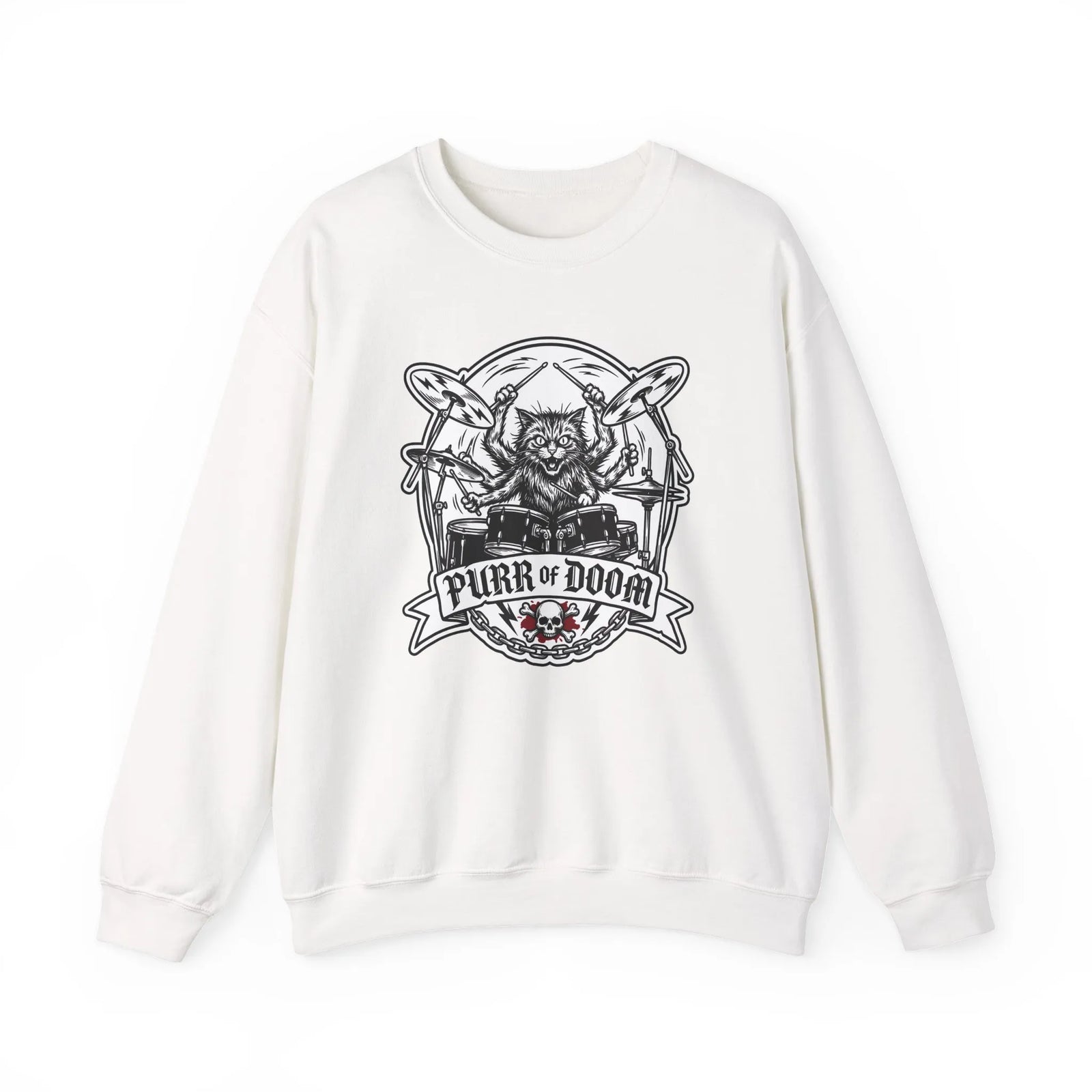 Heavy Metal Rocker Cats Drummer Sweatshirt - Heavy Blend Cotton Blend Crewneck - Unisex White