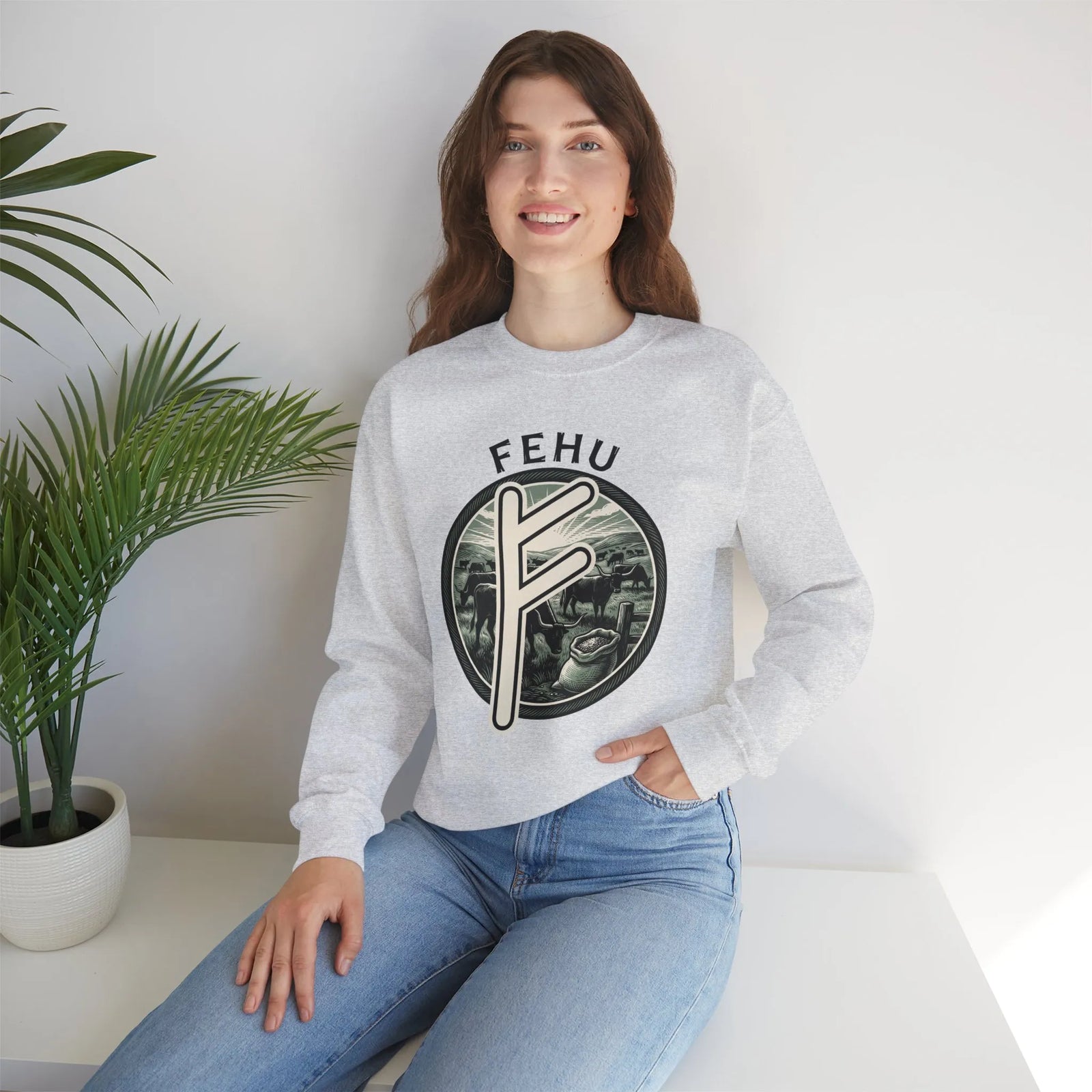 Fehu Rune Wealth Graphic Sweatshirt - Heavyweight 50/50 Fleece Crewneck - Unisex White