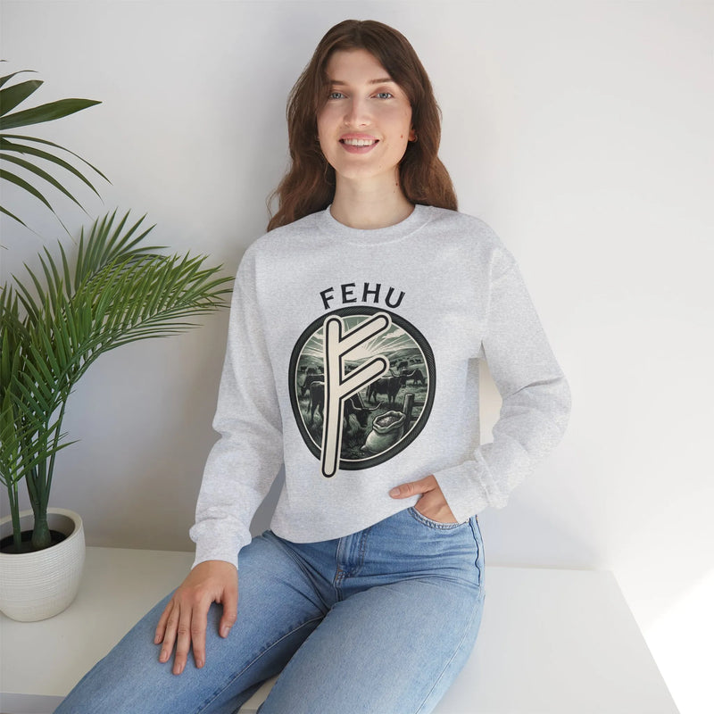 Fehu Rune Wealth Graphic Sweatshirt - Heavyweight 50/50 Fleece Crewneck - Unisex White