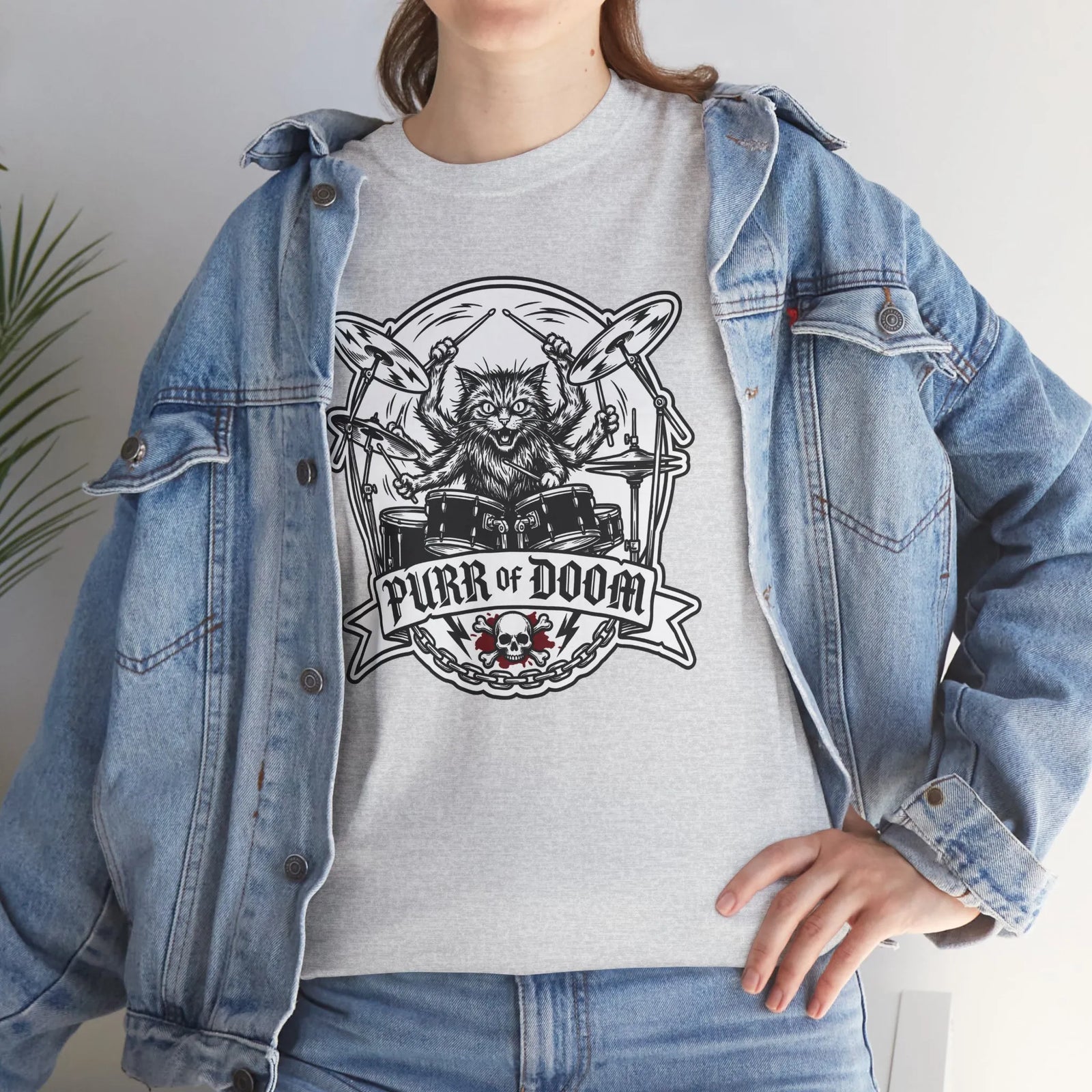Heavy Metal Rocker Cat Drummer T-Shirt - Heavy Cotton Classic Fit Tee - Unisex White