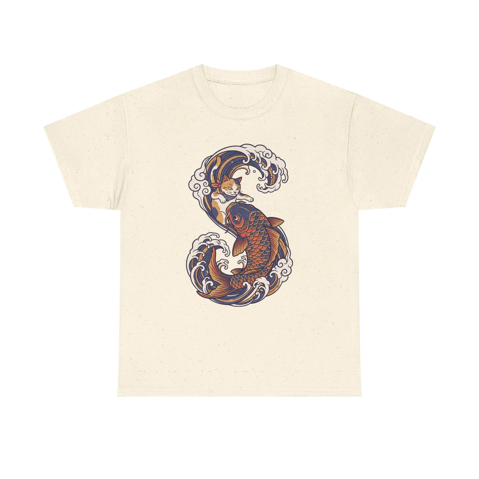 Koi Rider Ukiyo-e Samurai Cat T-Shirt - Heavy Cotton Classic Fit Tee - Unisex White
