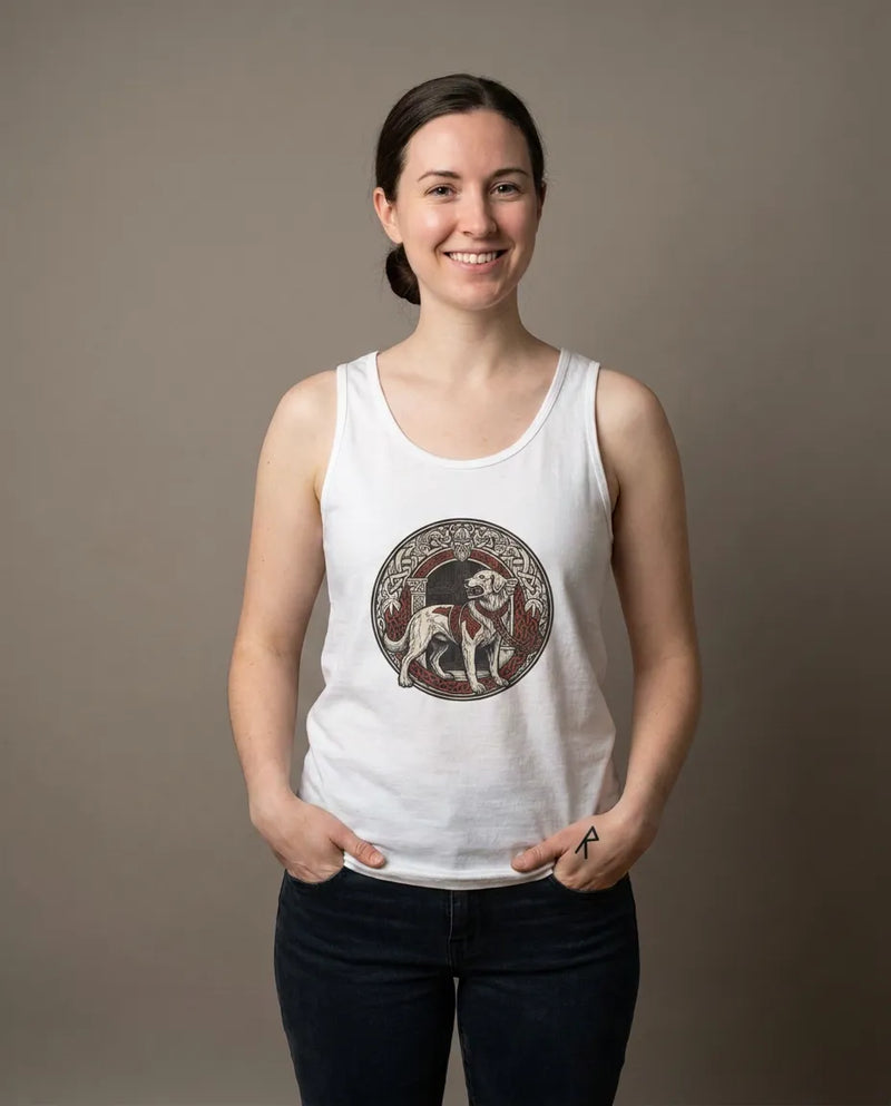 Garmr Odin's Wolves Norse Woodcut Tank Top - Soft Lightweight Cotton Jersey - Unisex White