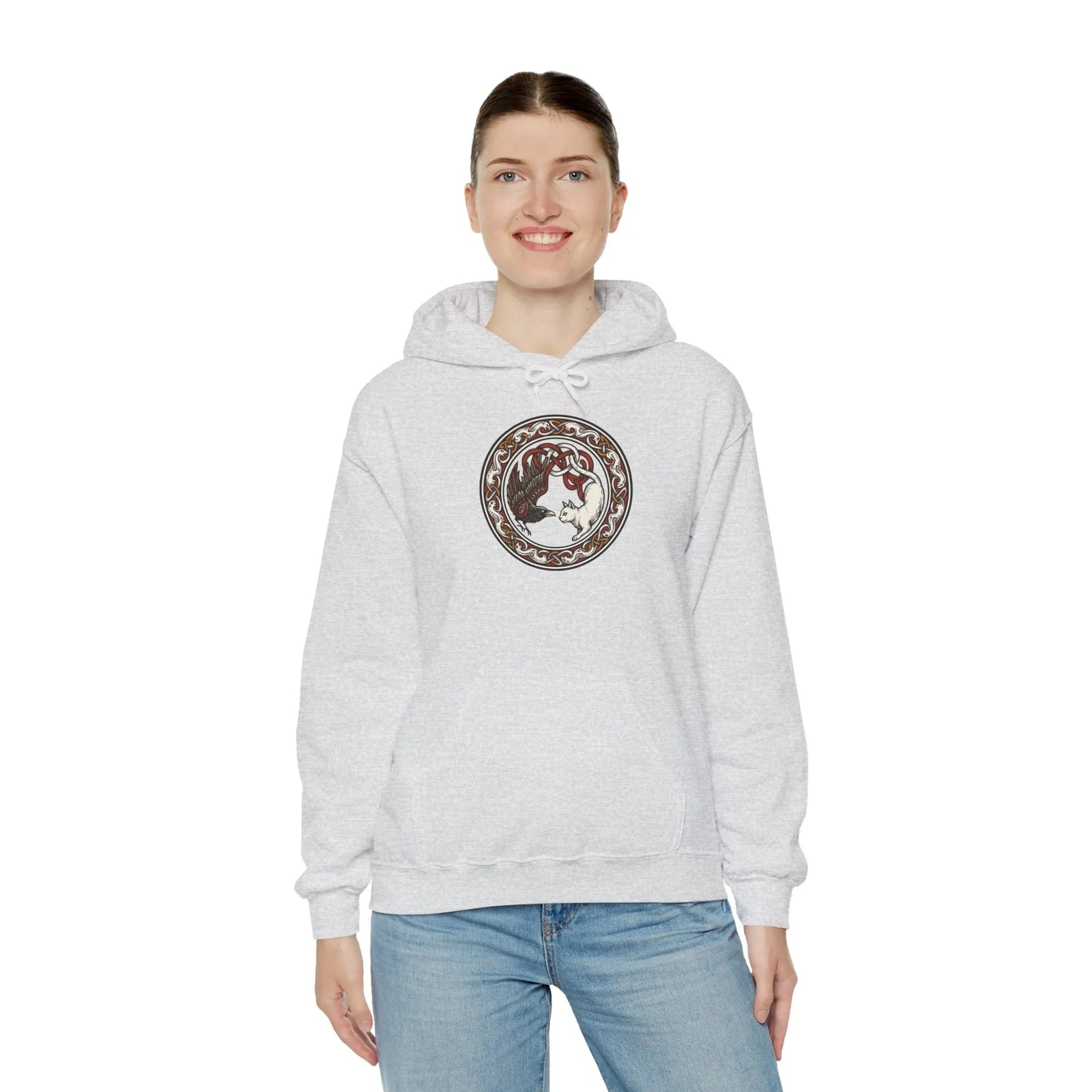 Freyja's Cats & Raven Norse Woodcut Hoodie - Soft Medium-Heavy Blend Pullover - Unisex White