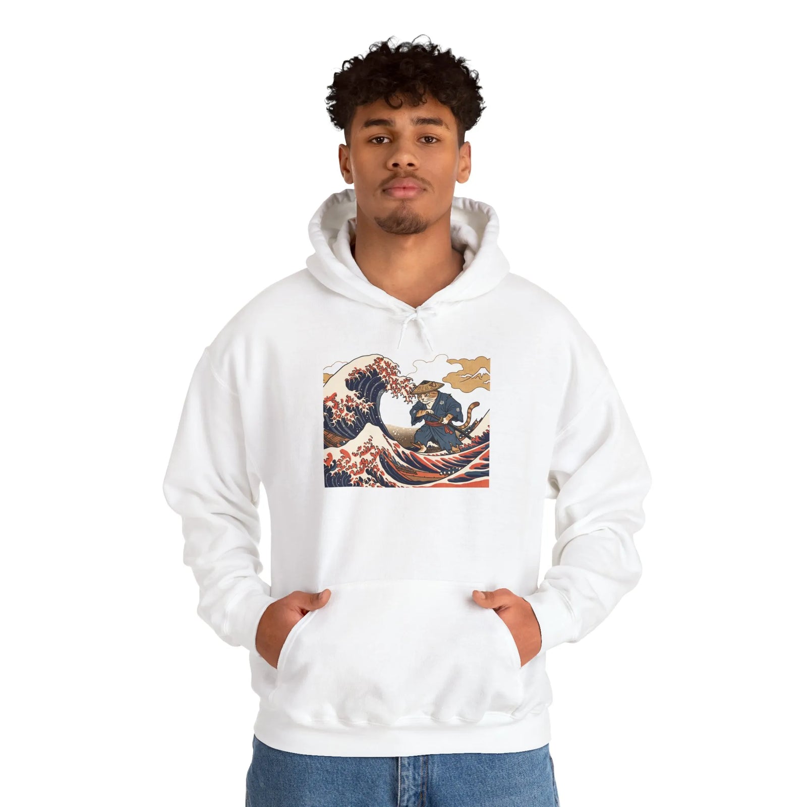 Ronin Wave Samurai Cat Ukiyo-e Hoodie - Heavy Blend Fleece Pullover - Unisex White