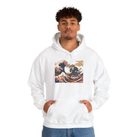 Ronin Wave Samurai Cat Ukiyo-e Hoodie - Heavy Blend Fleece Pullover - Unisex White